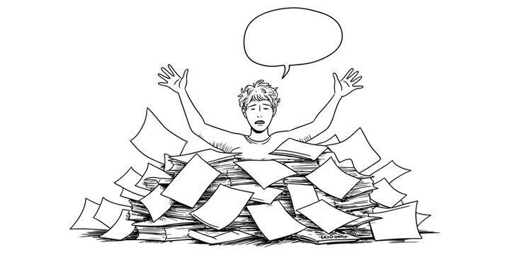 Stressed person buried in a huge pile of paper documents with an empty speech bubble above their head in a sketch style Vector, illustration