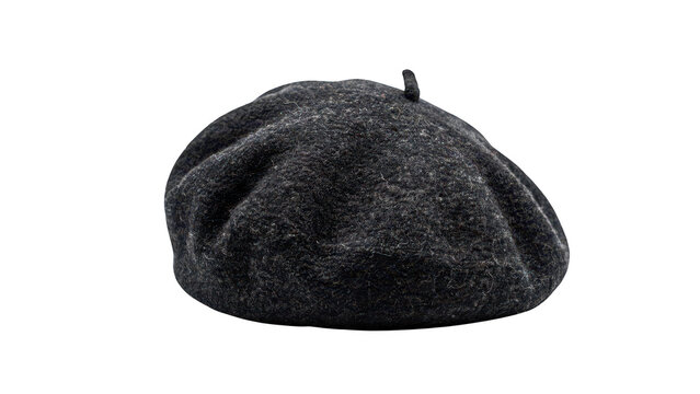 A single dark grey wool beret hat isolated on a black background, showing the soft felt texture and the small tab detail of the headwear