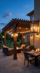 Fototapeta premium Luxury timber home with a warmly lit outdoor patio at dusk. Cozy architecture, evening entertaining, premium real estate, modern living, backyard comfort.