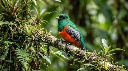 Obraz premium Vibrant Trogon bird perched on a mossy branch in a lush tropical jungle environment nature scene