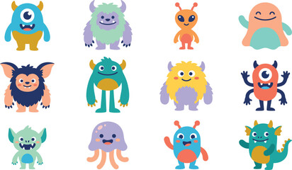 Naklejka premium Cute Cartoon Monster Characters Collection Featuring Colorful Fantasy Creature Vector Illustration Set