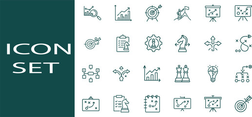 Strategy Web Icon Set in Linear Style. Collection of Action plan line icons, including strategy, goal, plan, tactic, problem-solving, vision, roadmap, mission, tasks and more. Editable stroke © ARF Studio
