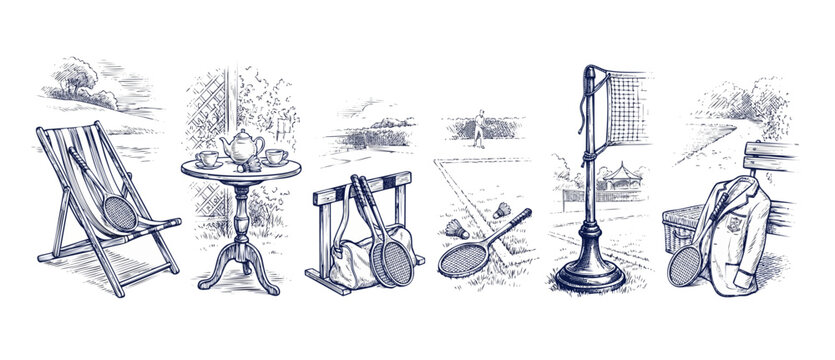 Vintage badminton tennis sketch set featuring retro hand drawn racket shuttlecock classic court net garden tea table deck chair and outdoor park bench picnic illustrations in elegant engraving styles.