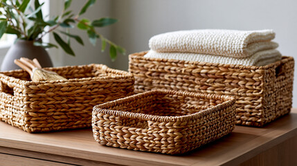 Obraz premium Use Decorative Baskets for Organization in-ultra-tiny apartment, clean, not cluttered. Decorative baskets provide attractive storage while reducing everyday clutter. Use them to or