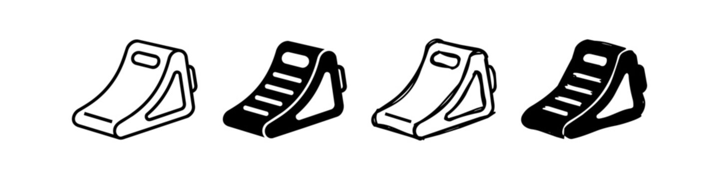 Set of wheel chock icons in four distinct line art and solid styles. Essential vehicle safety equipment for trucks, trailers, and RVs. Isolated on white background.