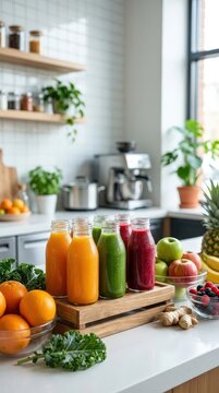 Fresh cold pressed juices beside a juicer in a bright kitchen. Healthy nutrition, natural wellness, detox lifestyle, homemade beverages, everyday vitality.