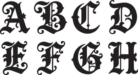 Fototapeta premium Vintage gothic alphabet letters black vector silhouette icon set for monogram and medieval design layouts