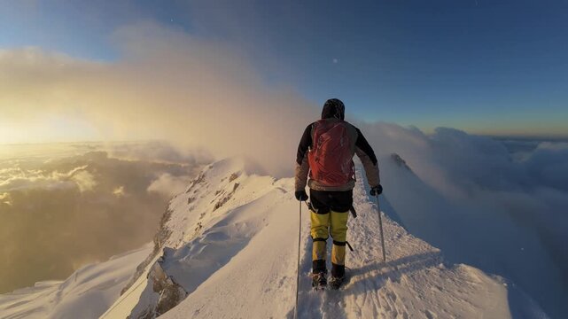Follow Cam Of Mountaineer Walking Along Snow Ridge At Sunrise On Huayna Potosi Bolivia