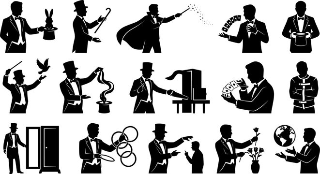 Magician and Illusionist Silhouette Set with Magic Tricks, Top Hats, Rabbits, Playing Cards, and Wands for Carnival Event Posters and Performance Show Graphic Designs