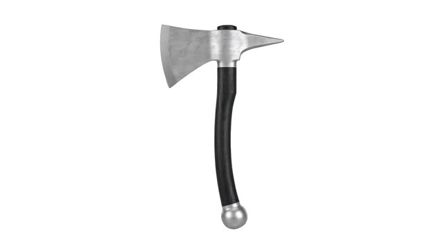 A single fireman axe with a metallic silver head and a dark black curved handle, isolated on a solid black background, studio