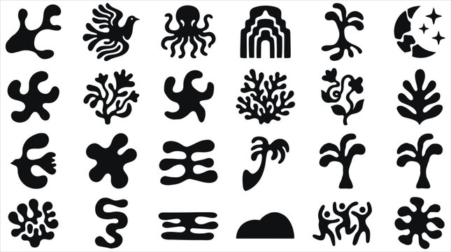 Set of minimalist abstract organic silhouettes and botanical graphic elements handdrawn vector illustrations