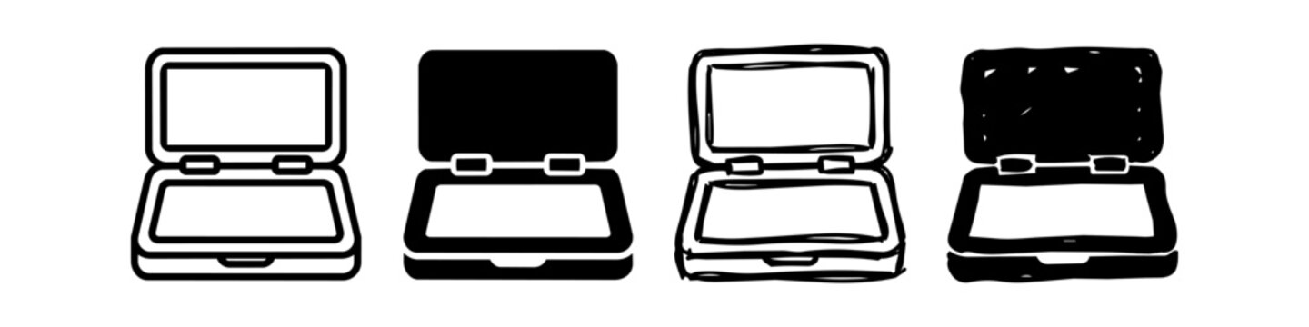 Vector set of open case or laptop icons in four different styles, including clean line art, solid black silhouette, and hand-drawn doodle versions on a white background.