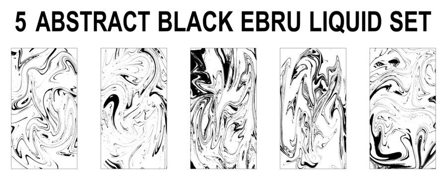 Ebru set, Turkish marbling art background. Five abstract black ebru liquid background collection.