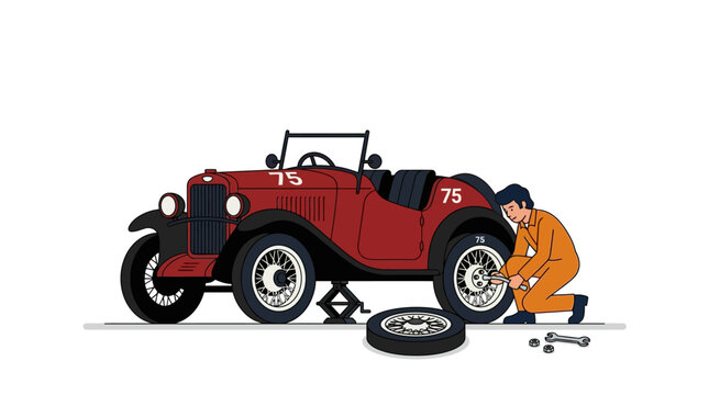 Mechanic Fixing Vintage Car Tire on White Background