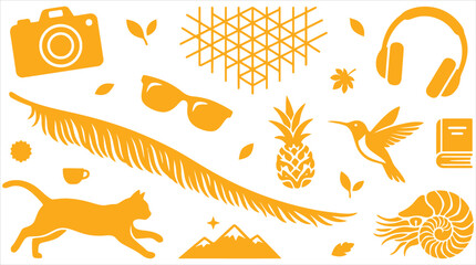 Fototapeta premium Vibrant yellow vector icon assortment capturing summer adventures, tropical nature, and outdoor lifestyle essentials for diverse design