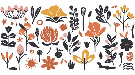 Hand drawn botanical elements collection with minimalist flowers, leaves, and abstract organic shapes in Scandinavian folk style © Pronob Kumar Ray