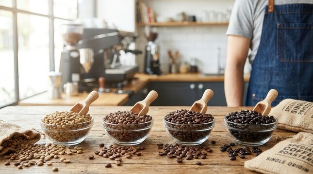 Assorted coffee beans displayed in glass jars inside a cozy cafe. Artisan roasting, specialty coffee, gourmet flavors, cafe culture, premium lifestyle.