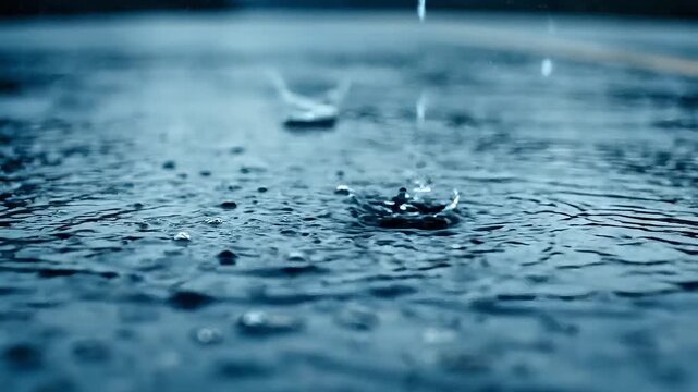 Raindrops creating ripples on a wet asphalt surface, evoking a mood of calm and contemplation.