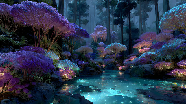 Alien forest glowing tropical landscape magical crystal river digital image illustration collection