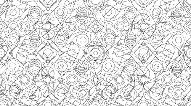 Abstract geometric seamless pattern with thin black lines circles and triangles on a white background vector illustration