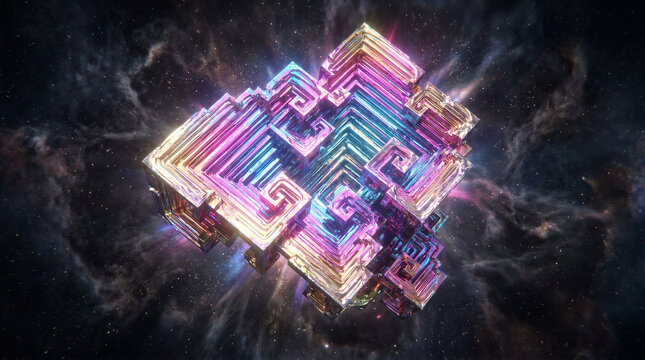 Iridescent bismuth crystal structure floating in deep space. Geometric mineral formation with metallic luster and stepped hopper crystals. Abstract science background for physics and geology