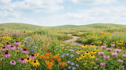 Obraz premium Wildflower meadow in full bloom with a winding country path. Natural landscape, spring blossoms, peaceful countryside, outdoor beauty, seasonal nature.