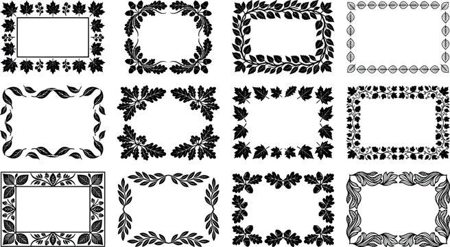 Set of decorative rectangular frames with various autumn leaves, acorns, and botanical elements, vector illustration isolated on white background transparent background