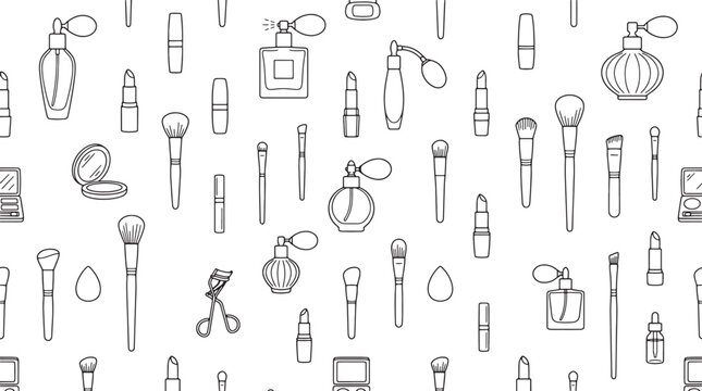 Seamless pattern of hand drawn makeup tools and perfume bottles on a white background vector illustration
