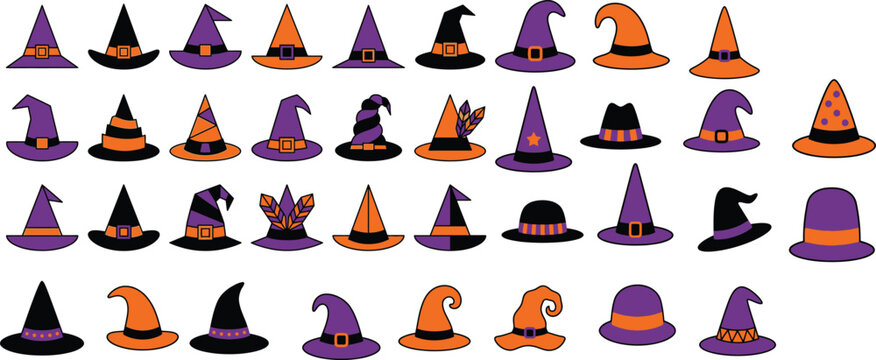 Halloween witch hats collection with various purple black and orange designs for spooky decorations and costumes