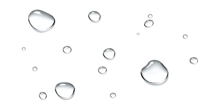 Clear water droplets and dew drops on a surface