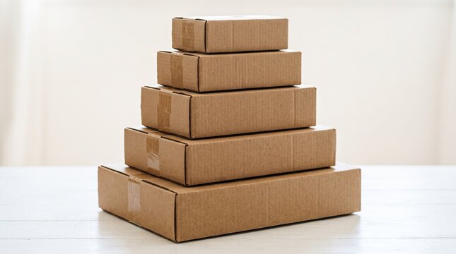Shipping boxes concept. Neat stack of plain cardboard boxes on clean white surface. Supply chain packaging concept.
