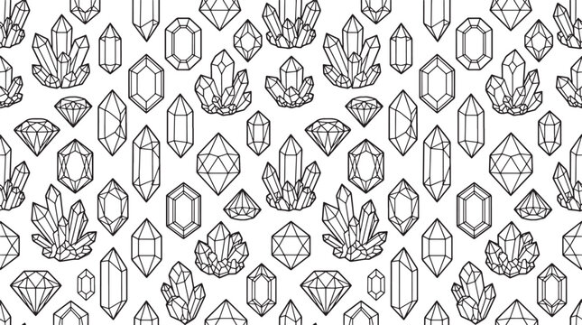 Seamless pattern with hand drawn crystals and gemstones in black and white line art vector illustration