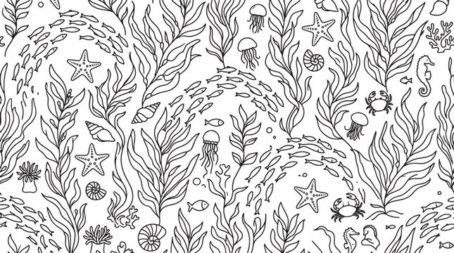 Seamless pattern with hand drawn marine life including seaweed fish jellyfish and seashells in black ink style