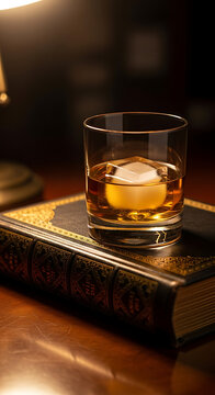 Whiskey glass on an old book with ice cube