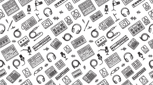 Seamless pattern with hand drawn music production equipment including microphones headphones synthesizers and audio mixing consoles vector illustration