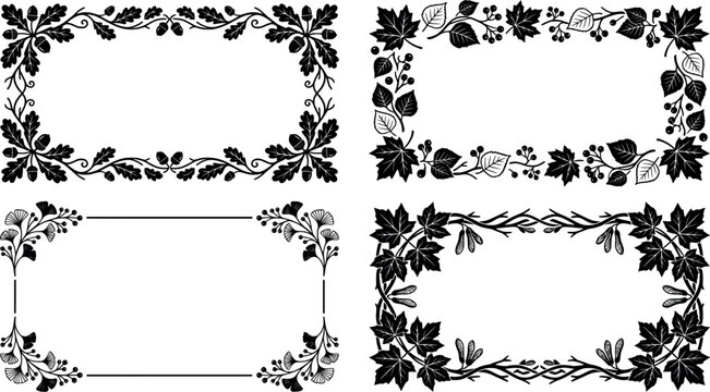 Set of four decorative rectangular frames with autumn leaves, acorns, berries, and ginkgo branches, vector illustration isolated on white background transparent background