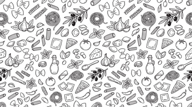 Seamless pattern with hand drawn pasta shapes and fresh ingredients for culinary menu or food packaging design