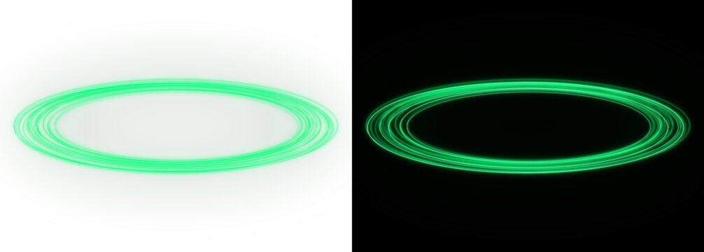 Concentric rings with glowing green light effect on transparent background circles oval luminescence glow neon illumination radiance spiral
