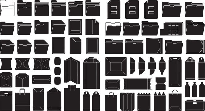 Collection of various black folder and file icons in different styles and shapes on white background