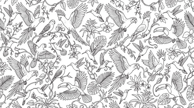 Tropical bird seamless pattern with exotic parrots toucans and hummingbirds in a detailed hand drawn line art