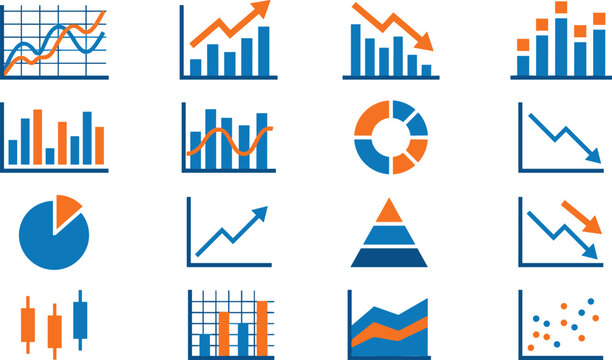 Financial Analytics Infographic Chart and Graph Vector Set with Business Growth Trends Arrow Indicators and Data Diagram Symbols