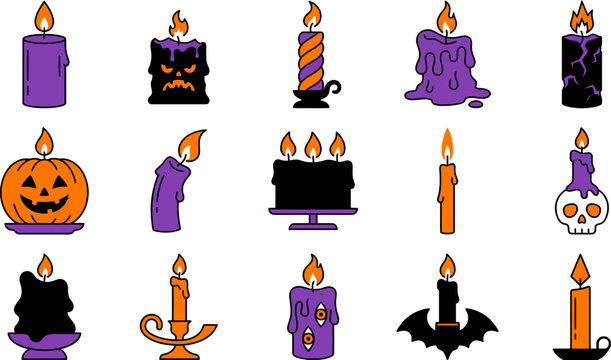 Set of halloween candle featuring purple and orange wax, jack-o-lanterns, skulls, bats, and melting flames on white background