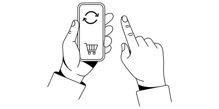 Hand holding a smartphone with a shopping cart and refresh icon on the screen being touched by a finger in a simple black and white line drawing style Vector, illustration