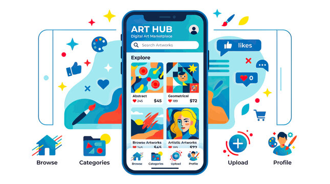 Digital Art App Interface on Smartphone Screen, Online Creative Community