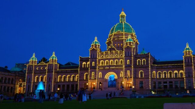 Victoria, BC, Canada &ndash; July 2, 2026: British Columbia Parliament Buildings illuminated at night