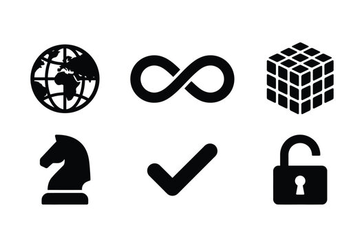 Set of six black icons including globe infinity cube horse and lock