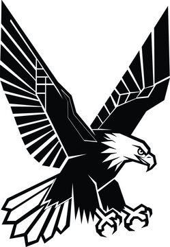 Black and white geometric bald eagle illustration swooping with extended talons, ideal for a sports mascot or logo.