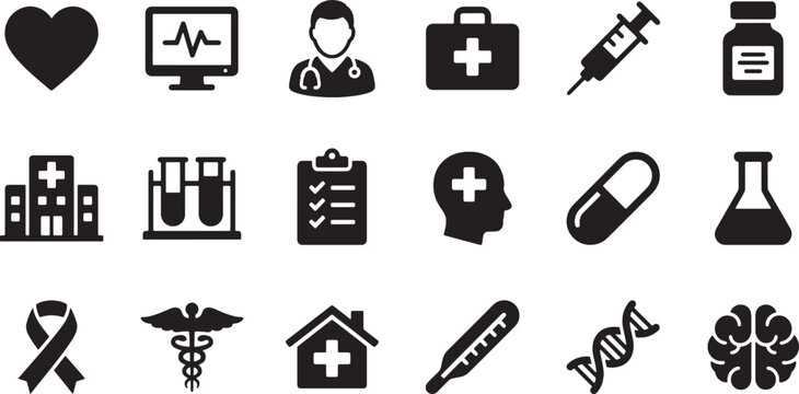 Medical and Healthcare Icons Set - Solid Black Vector