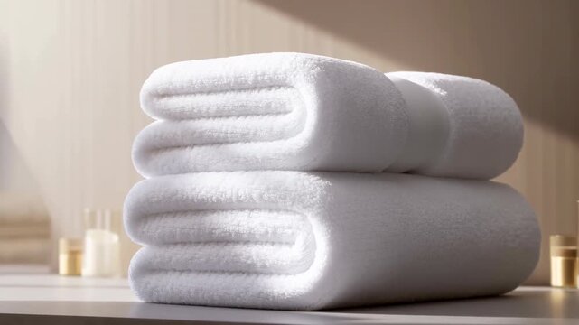 stacked towels in serene bathroom setting with spa ambiance and clean decor, front view with slight angle to show depth of towel stack and decorative items, hotel room setup with cotton.