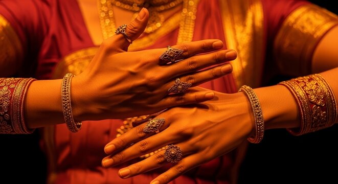 Thai dancers performing exquisite movements with golden costumes and ornate jewelry showcasing intricate hand gestures.